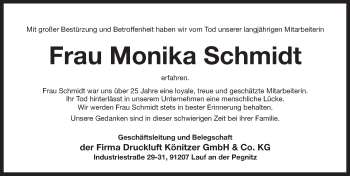 Traueranzeige von Monika Schmidt von Pegnitz-Zeitung